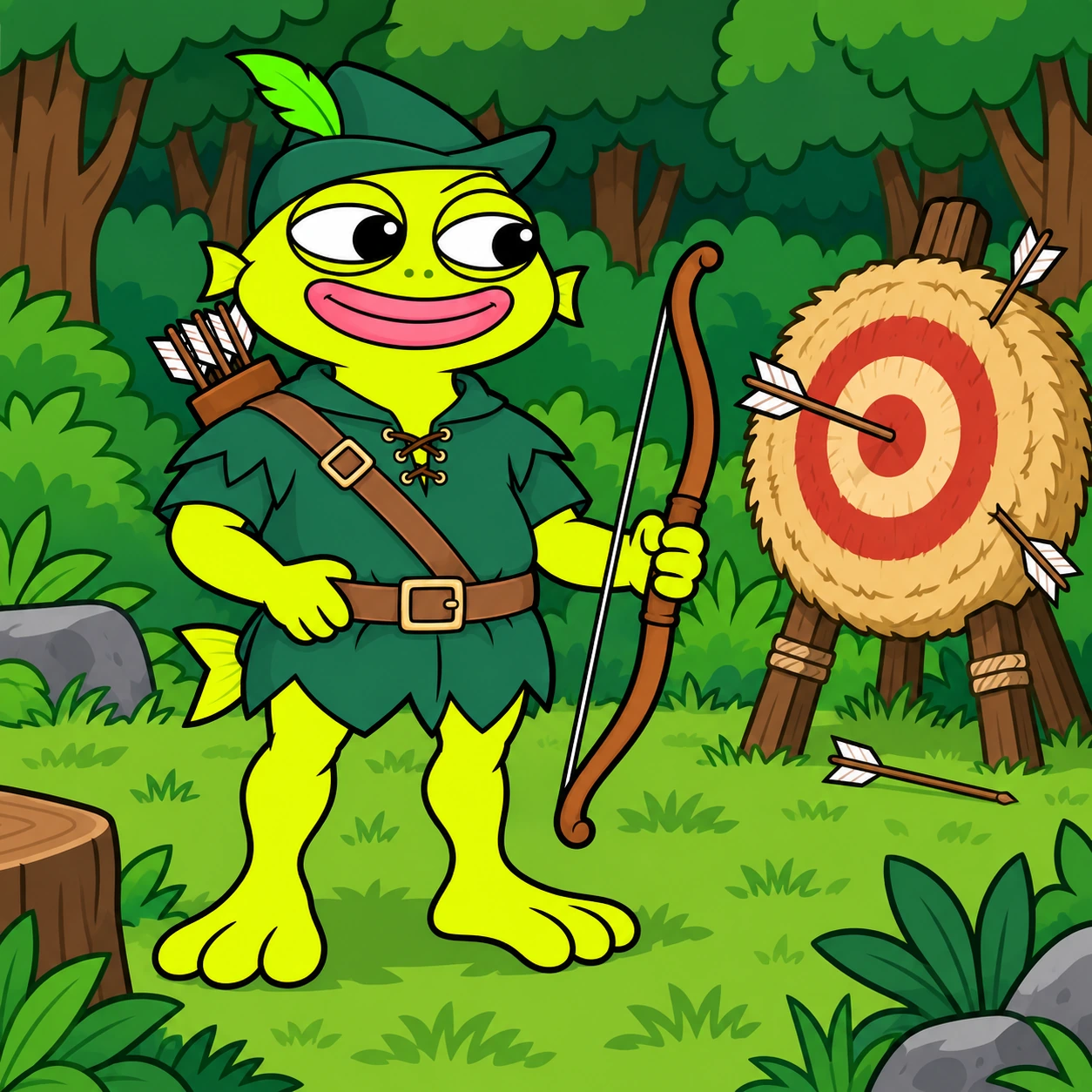 FENN celebrating a bullseye at his woodland archery target.