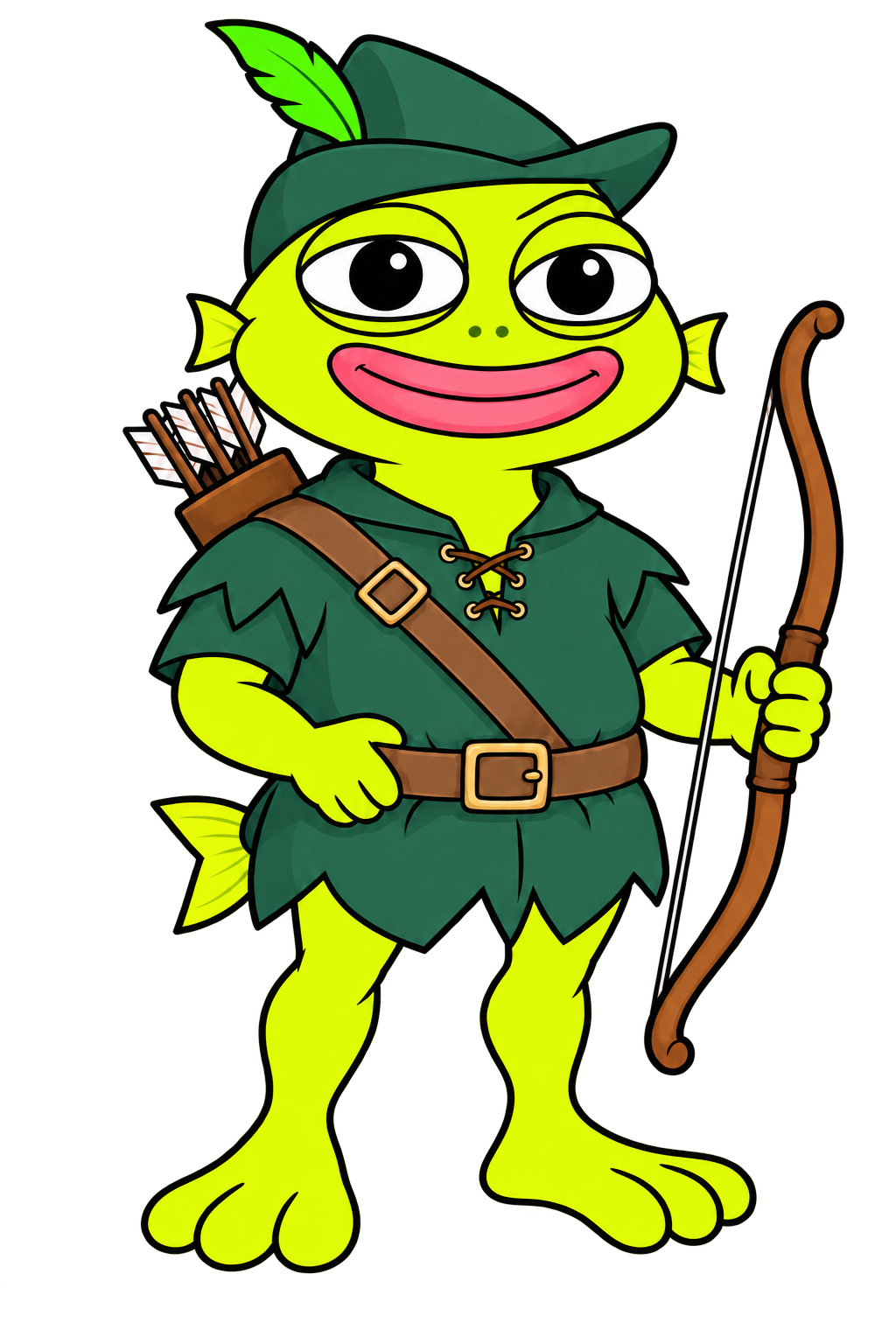 FENN, a bright lime fish-man archer in his green tunic and feathered hat